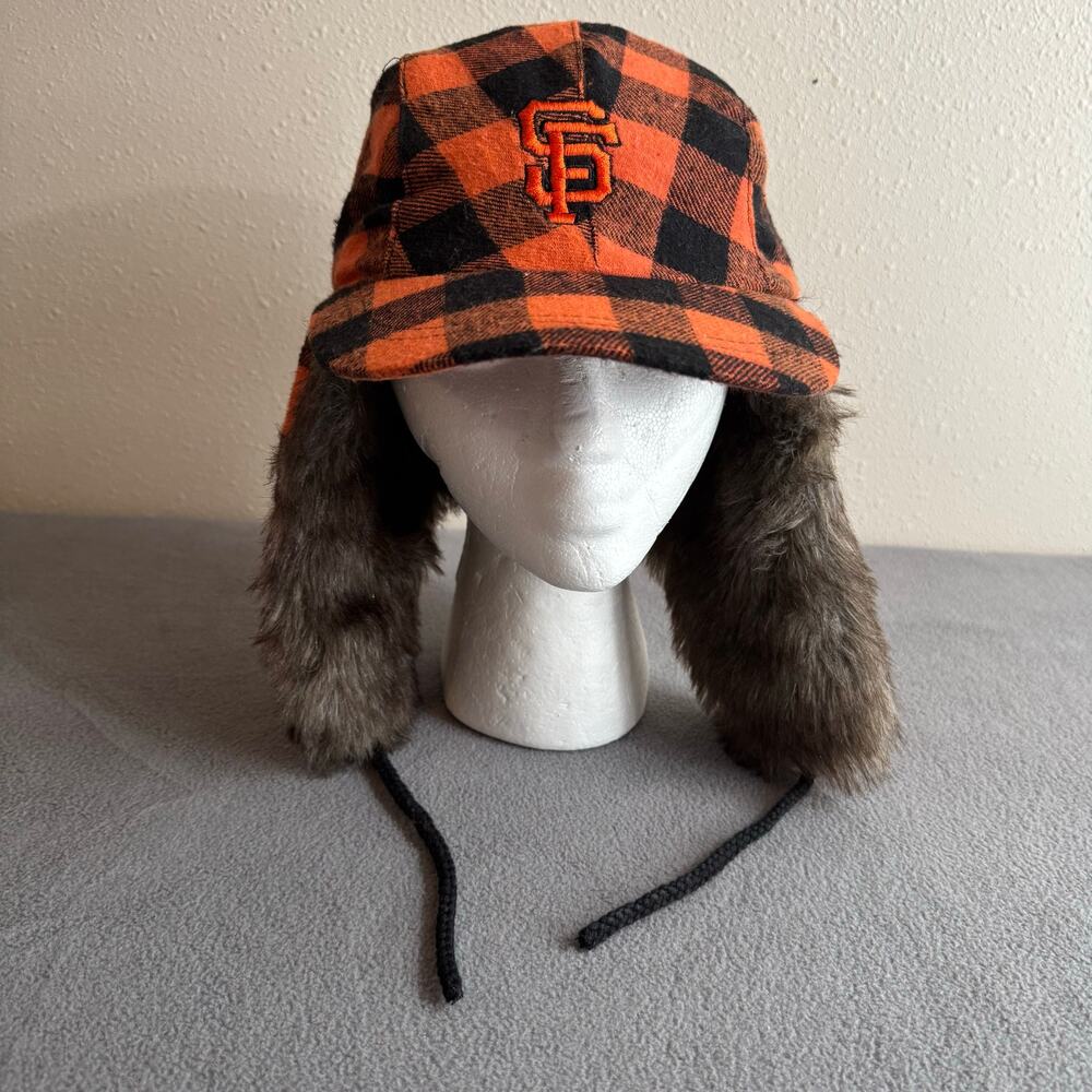San Francisco Giants Trapper Hat MLB Baseball Orange Black Plaid‎ Quilt Lined OS